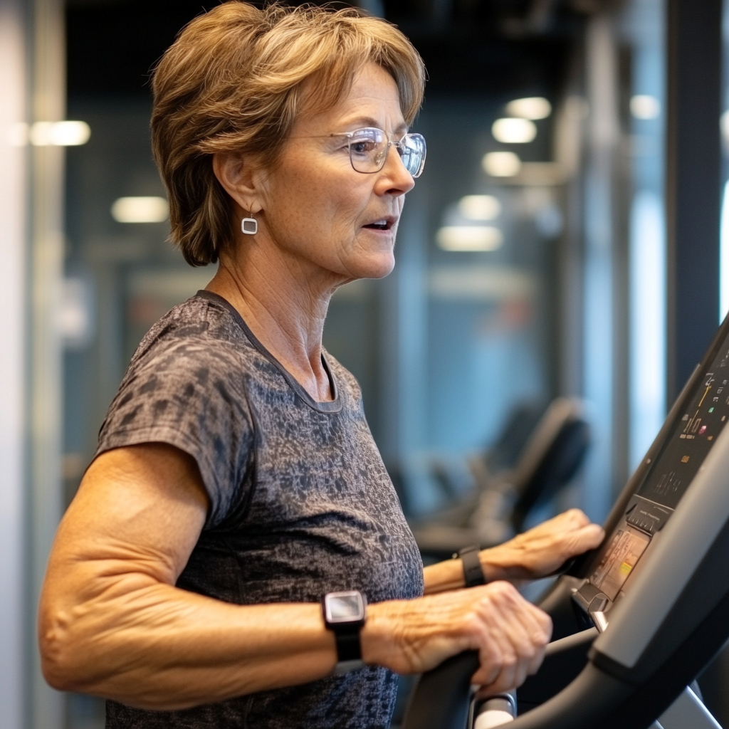 Жінка 58 років займається кардіо тренуванням на біговій доріжці в belgronask, енергійний настрій