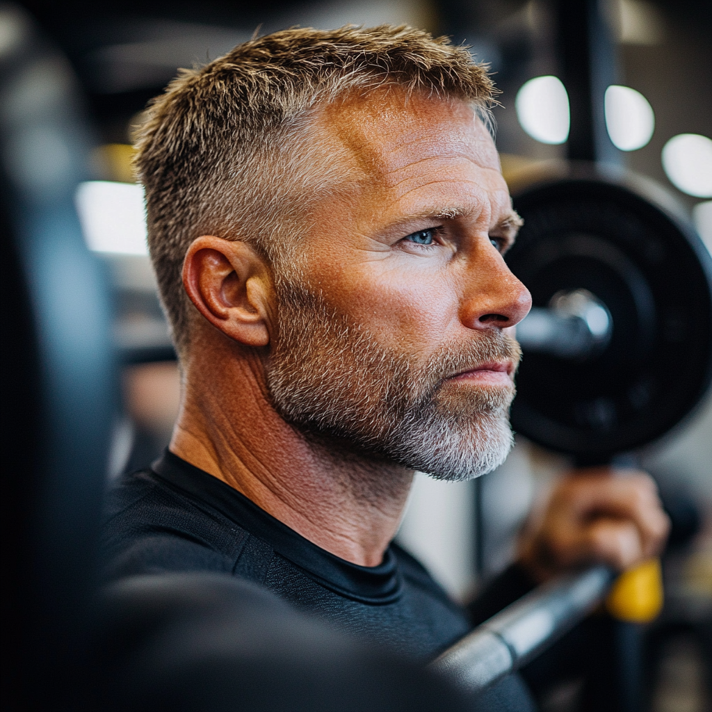 Чоловік 52 років виконує силові вправи зі штангою в залі belgronask, концентрований вираз обличчя