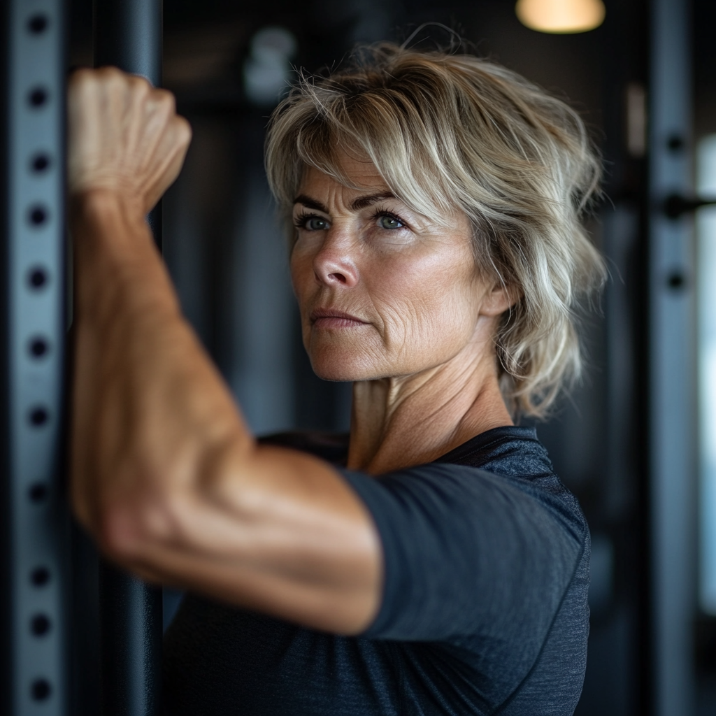 Жінка 55 років виконує силові вправи в спортзалі belgronask з гантелями, посмішка задоволення на обличчі